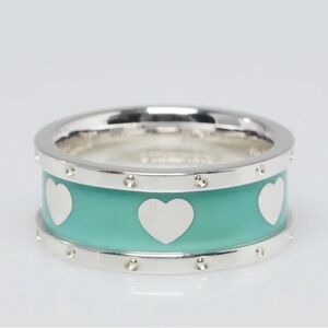Tiffany & Co. Blue Enamel Heart Wide Band Ring Sterling Silver.